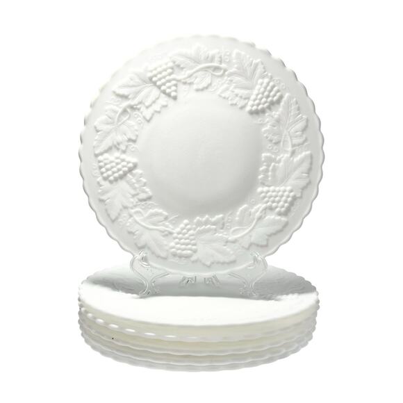 Imperial Glass “Grape” Set of 6 Satin Milk Glass Salad Plates 8 7/8” Marked - Picture 1 of 5